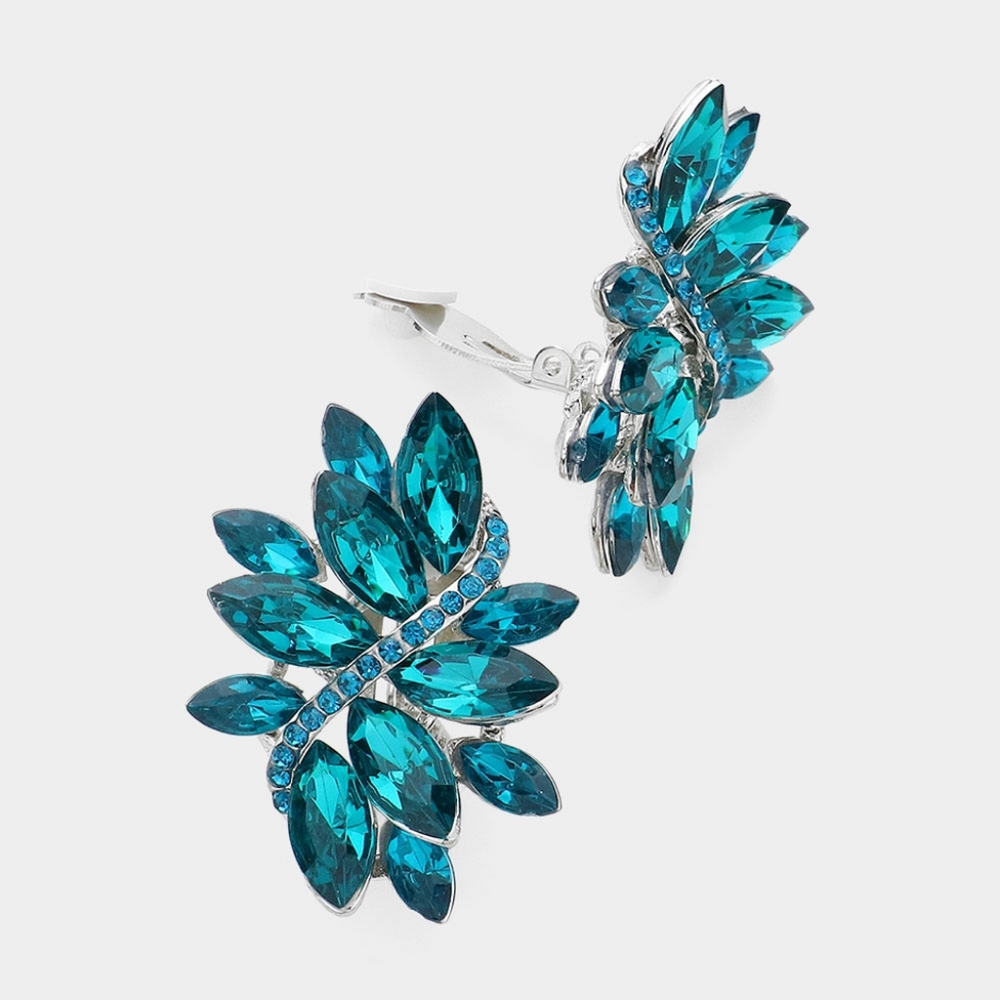 Aqua Blue Marquise Crystal Clip On Earrings 1.5 Inch Swirl Leaf ClipOns